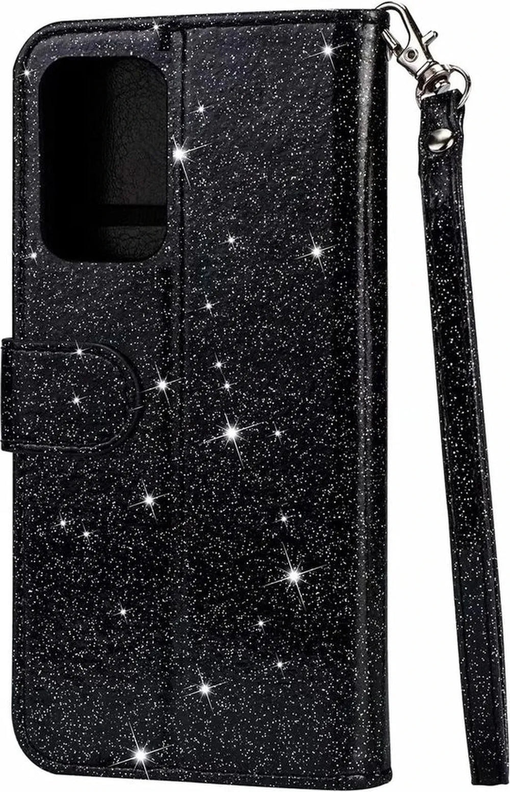 OPPO F19 Pro Plus 5G Hoesjes – Glitter Portemonnee Hoes – Rits & Koord – Pasjeshouder – Zwart-Ilumina Benelux
