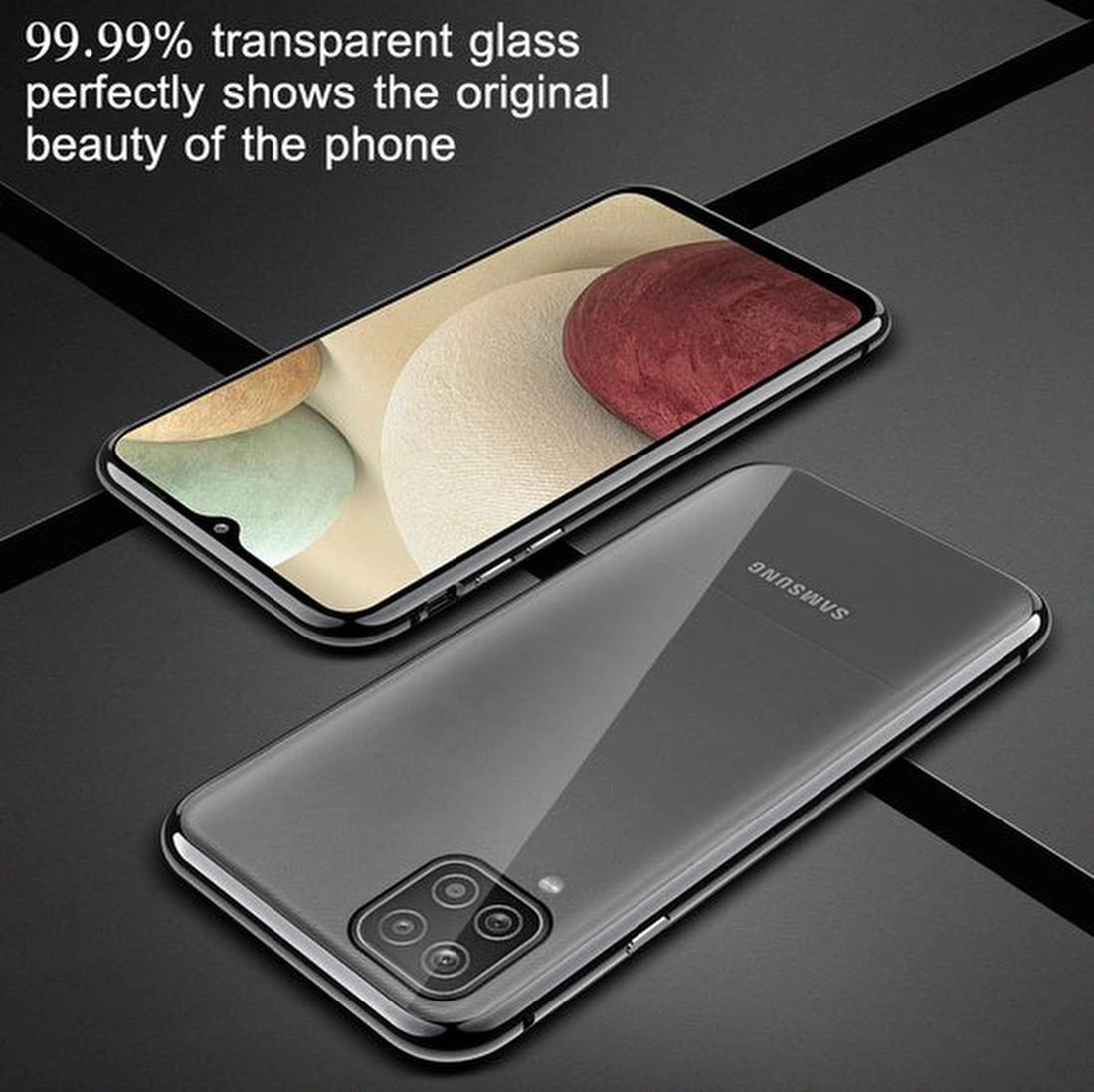 Samsung Galaxy A22 4G Hoesjes – Magnetische 360° Bescherming – Metalen Frame – Gehard Glas Achterkant + Screenprotector – Zwart