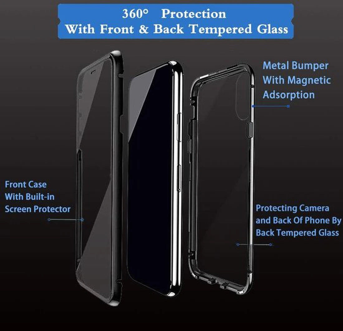 Samsung Galaxy A22 4G Hoesjes – Magnetische 360° Bescherming – Metalen Frame – Gehard Glas Achterkant + Screenprotector – Zwart