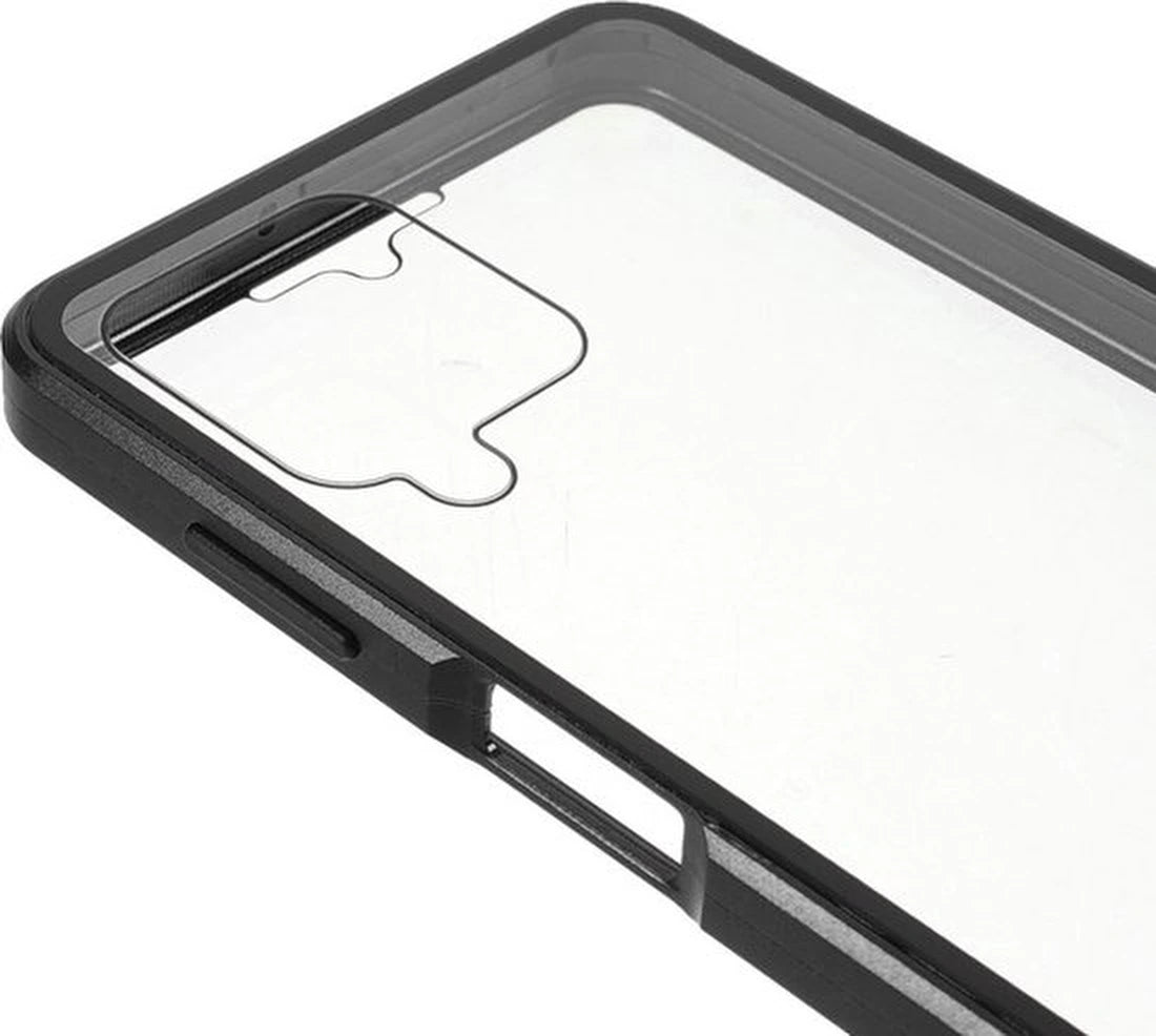 Samsung Galaxy A22 4G Hoesjes – Magnetische 360° Bescherming – Metalen Frame – Gehard Glas Achterkant + Screenprotector – Zwart