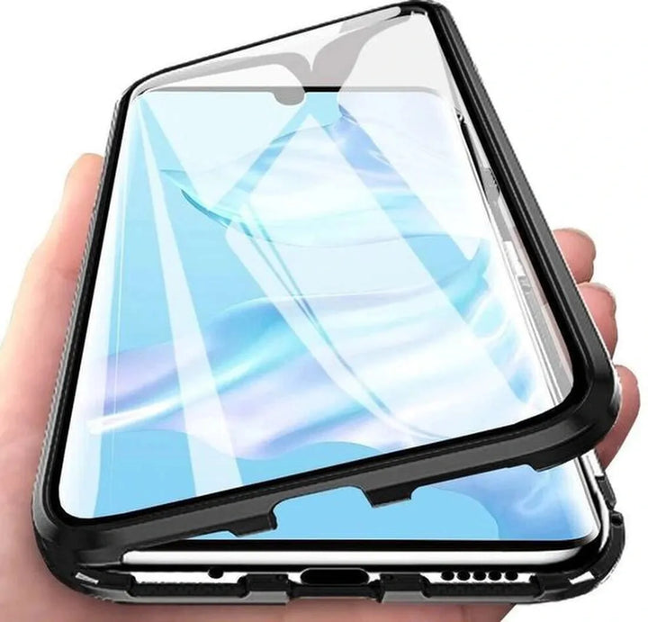 Samsung Galaxy A22 5G Hoesjes – Magnetisch Metalen Frame – Gehard Glas Achterkant – Screenprotector – 360° Bescherming – Zwart-Ilumina Benelux