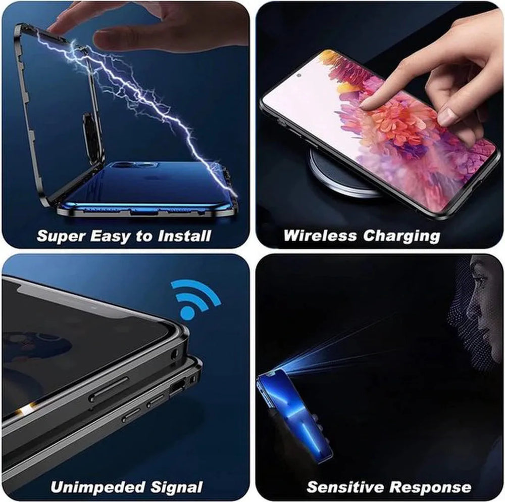 Samsung Galaxy A32 4G Hoesjes – Magnetisch Metalen Frame – Gehard Glas Achterkant – 360° Bescherming – Zwart-Ilumina Benelux