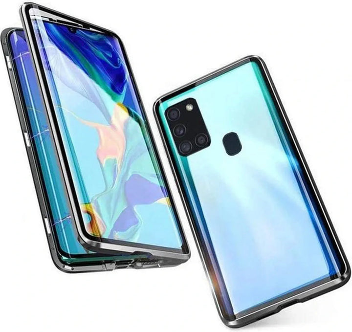 Samsung Galaxy A21s Hoesjes – Magnetische 360° Bescherming – Metalen Frame – Gehard Glas Achterkant + Screenprotector – Zwart-Ilumina Benelux