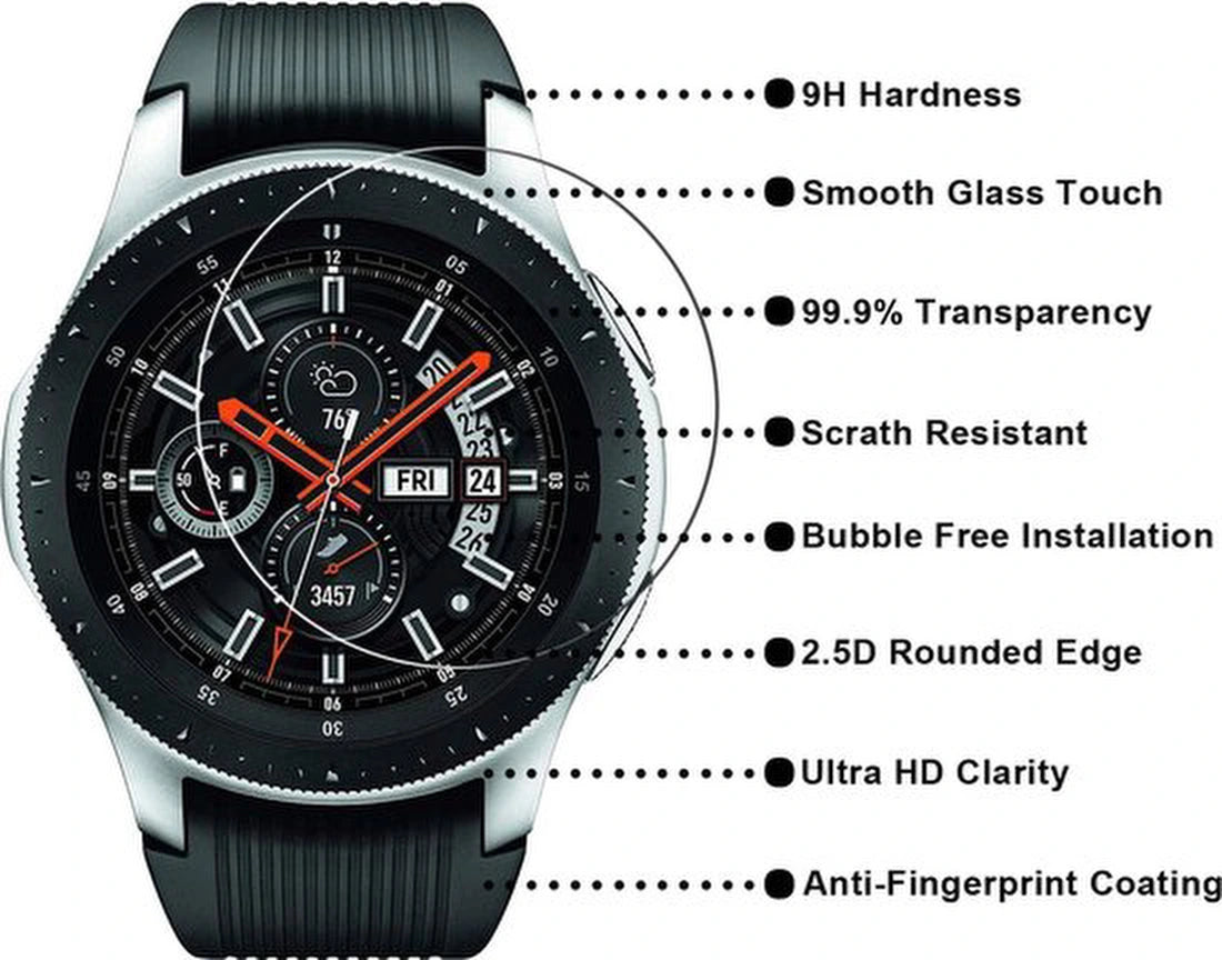 Screenprotector Geschikt voor: Samsung Galaxy Watch / Gear S3 - 46mm - Tempered Glass Screen Protector van gehard glas - 9H hardheid - bubbelvrij - 2 stuks
