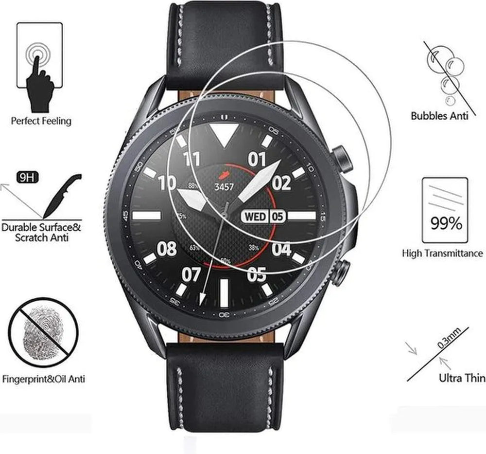 Screenprotector – Geschikt voor Samsung Galaxy Watch 3 45mm – Gehard Glas – 9H Hardheid – Bubbelvrij – 2 Stuks-Smartwatchscreenprotector-Ilumina Benelux