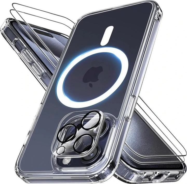 iPhone 15 Pro Max Hoesjes – Transparante MagSafe Backcover – Magnetisch – Incl. 2x Screenprotector & Camera Lens Protector-Ilumina Benelux