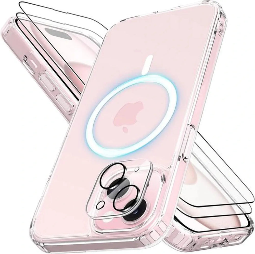 iPhone 15 Plus Hoesjes – Transparante Magnetische MagSafe Backcover – 2x Screenprotector – Camera Lens Protector – Helder-Ilumina Benelux
