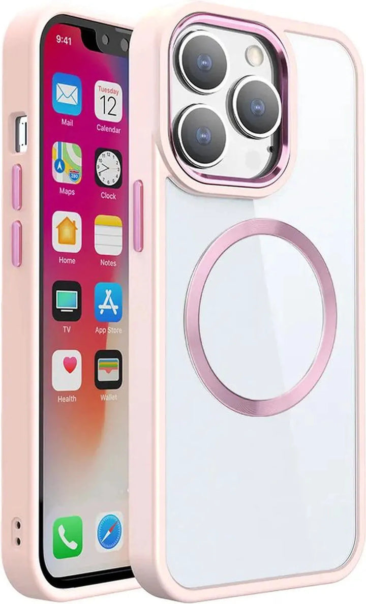 iPhone 14 Pro Max Hoesjes – Transparante TPU Backcover – Camera Surround Case – MagSafe Compatibel – Lichtroze-Ilumina Benelux