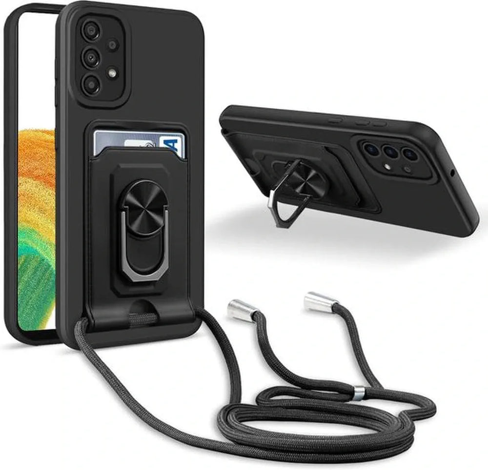 Samsung Galaxy A73 5G Hoesjes – Crossbody Koord – Siliconen Backcover – Pasjeshouder – Zwart-Ilumina Benelux