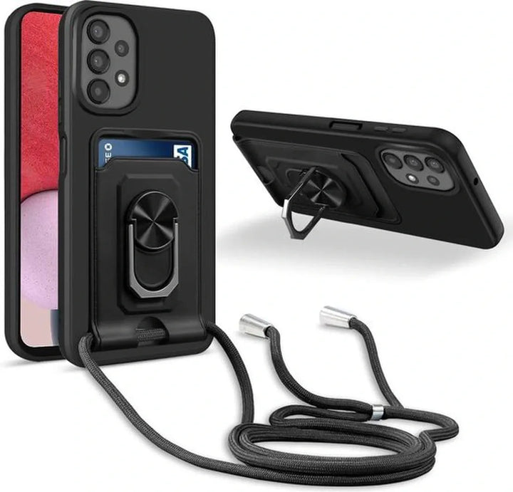 Samsung Galaxy A13 5G Hoesjes – Crossbody Koord – Siliconen Backcover – Pasjeshouder – Zwart-Ilumina Benelux