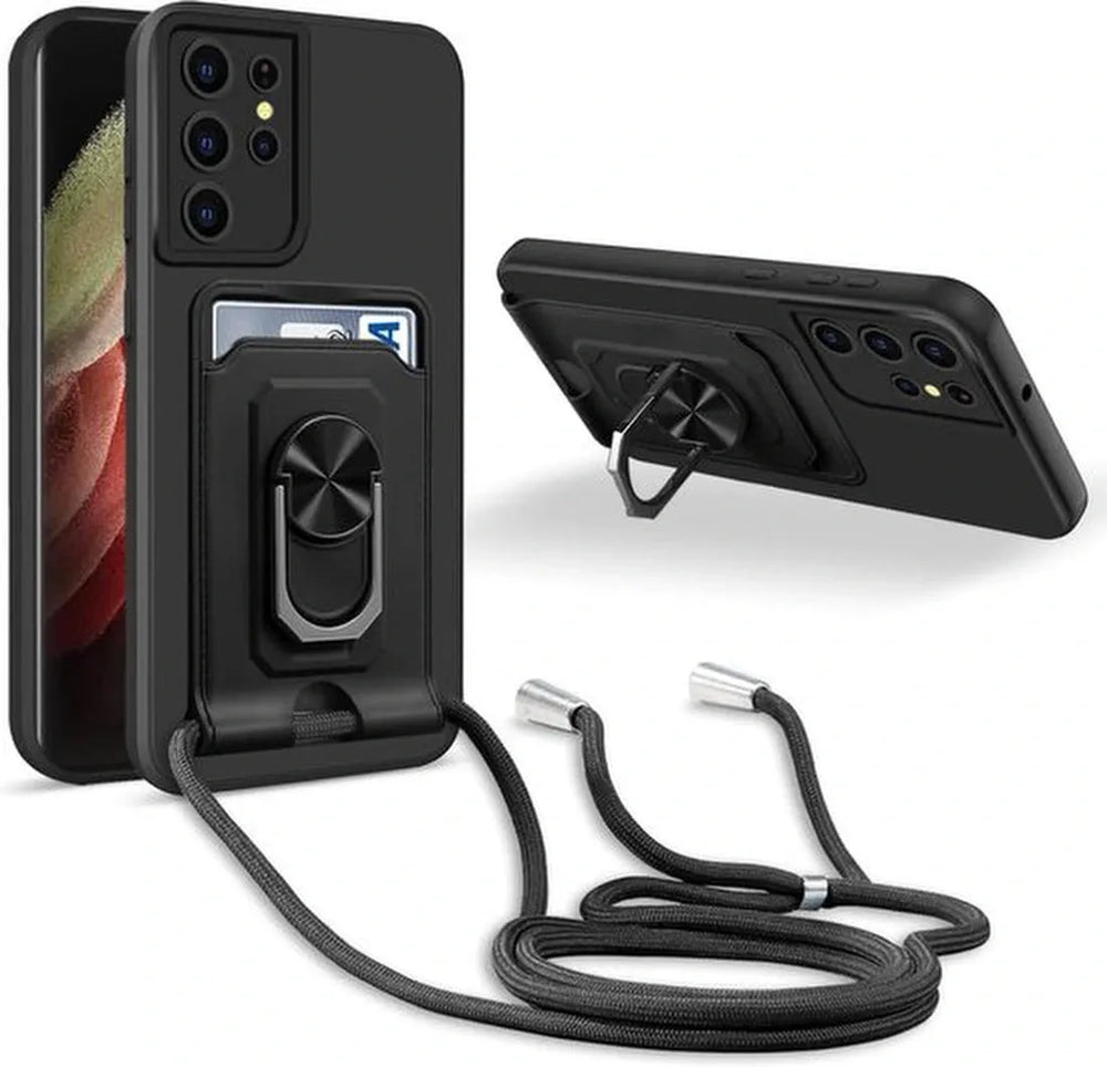 Samsung Galaxy S21 Ultra Hoesjes – Crossbody Koord – Siliconen Backcover – Kaarthouder – Zwart-Ilumina Benelux