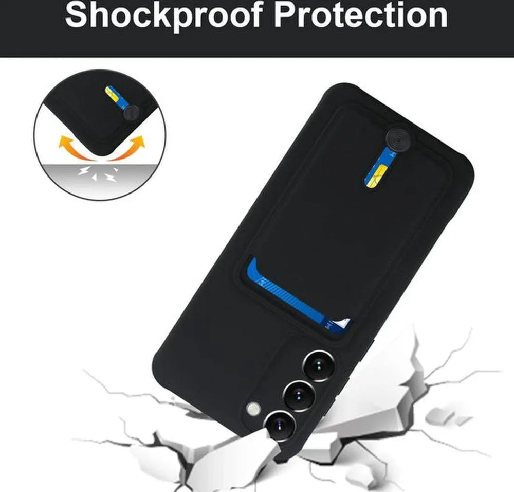 Samsung Galaxy S21 FE Hoesjes – Siliconen Backcover – Push-Pull Pasjeshouder – Zwart-Ilumina Benelux