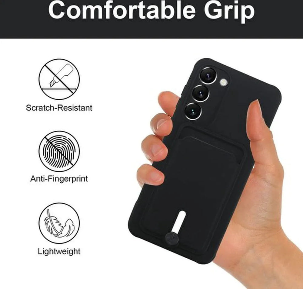 Samsung Galaxy S21 FE Hoesjes – Siliconen Backcover – Push-Pull Pasjeshouder – Zwart-Ilumina Benelux