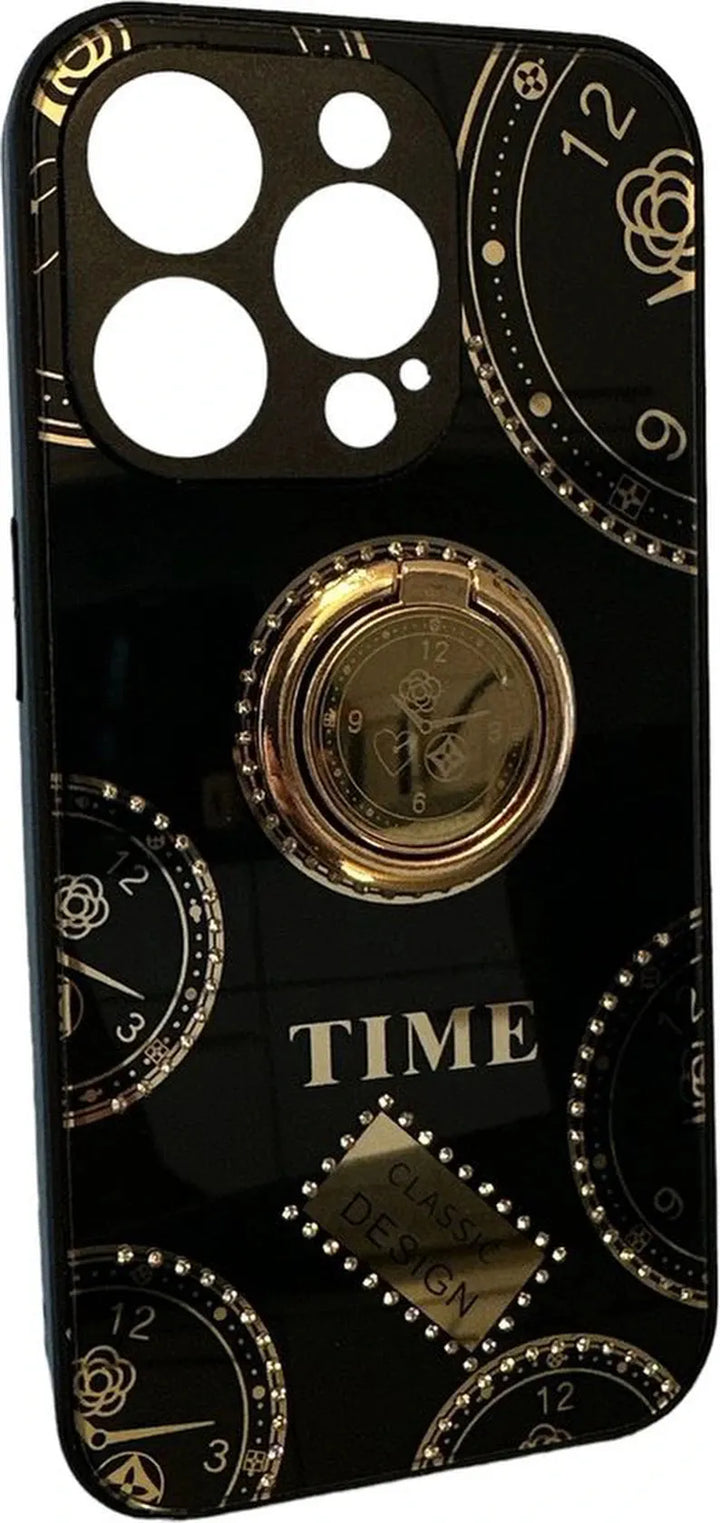 iPhone 14 Pro Max Hoesjes – Ringhouder Backcover – Klokdesign met Steentjes – Zwart-Ilumina Benelux