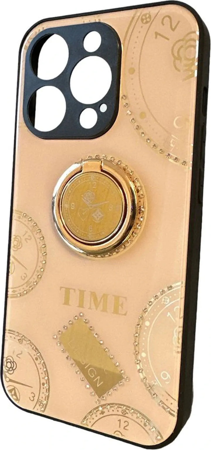 iPhone 14 Pro Max Hoesjes – Ringhouder Backcover – Klokdesign met Steentjes – Roségoud-Ilumina Benelux