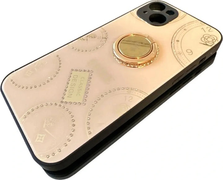 iPhone 14 Pro Hoesjes – Backcover met Ring – Klokontwerp met Steentjes – Roségoud-Ilumina Benelux