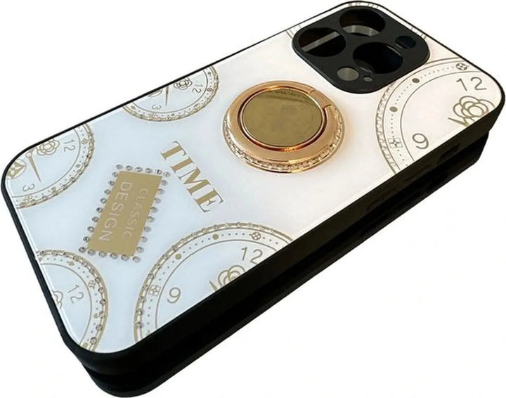 iPhone 14 Pro Hoesjes – Ringhouder Backcover – Klokdesign met Strass – Vrouwelijk – Wit-Ilumina Benelux