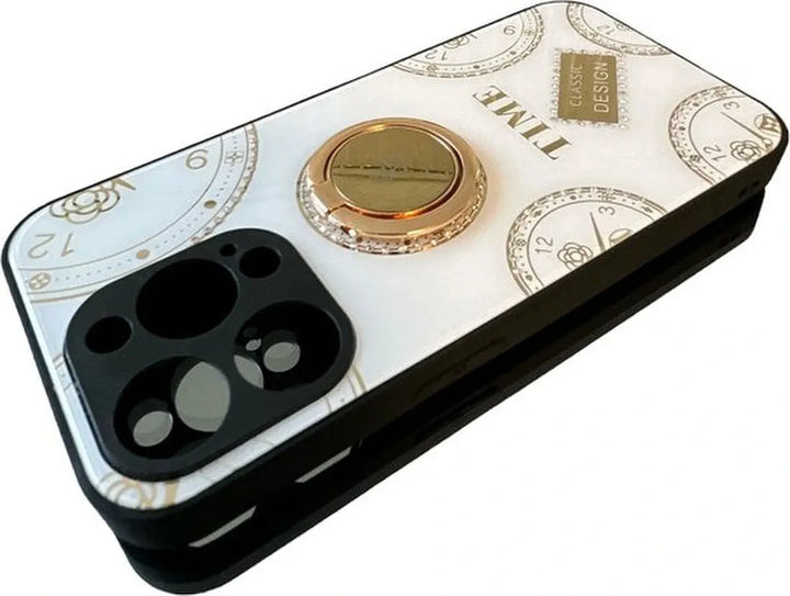 iPhone 13 Pro Max Hoesjes – Ringhouder Backcover – Klokdesign met Strass – Wit-Ilumina Benelux