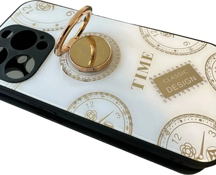 iPhone 12 Pro Hoesjes – Ringhouder Backcover – Klokdesign met Steentjes – Wit-Ilumina Benelux
