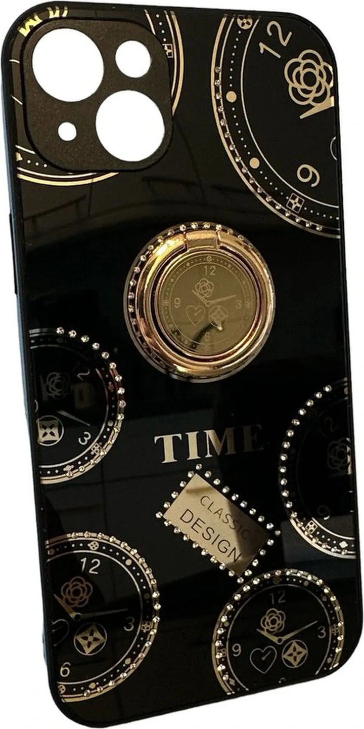 iPhone 14 Plus Hoesjes – Ringhouder Backcover – Klokdesign met Steentjes – Zwart-Ilumina Benelux