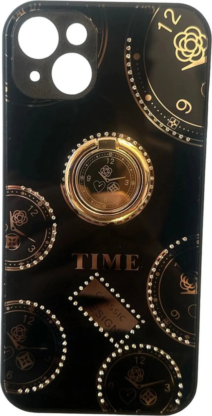 iPhone 14 Plus Hoesjes – Ringhouder Backcover – Klokdesign met Steentjes – Zwart-Ilumina Benelux