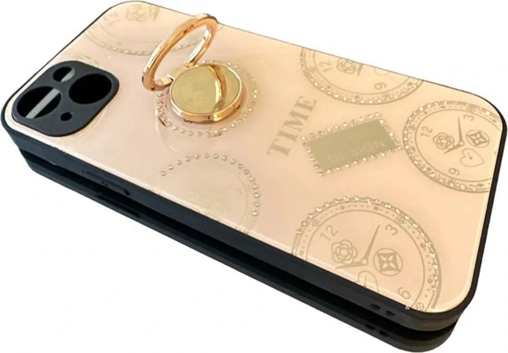 iPhone 14 Hoesjes – Ringhouder Backcover – Klokdesign met Steentjes – Roségoud-Ilumina Benelux