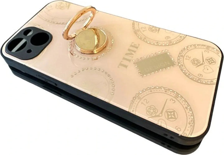 iPhone 14 Hoesjes – Ringhouder Backcover – Klokdesign met Steentjes – Roségoud-Ilumina Benelux