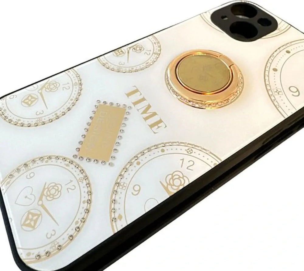 iPhone 15 Plus Hoesjes – Ringhouder Backcover – Klokontwerp met Steentjes – Wit-Ilumina Benelux