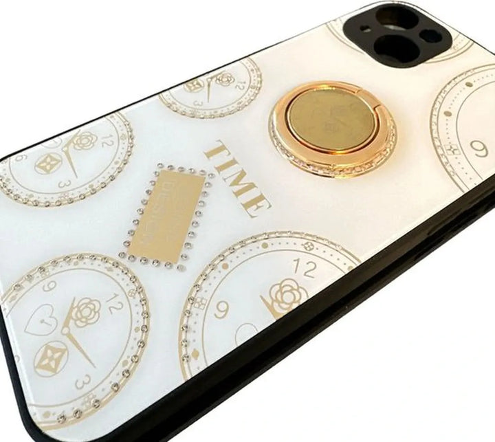 iPhone 14 Hoesjes – Ringhouder Backcover – Klokdesign met Steentjes – Vrouwelijk – Wit-Ilumina Benelux