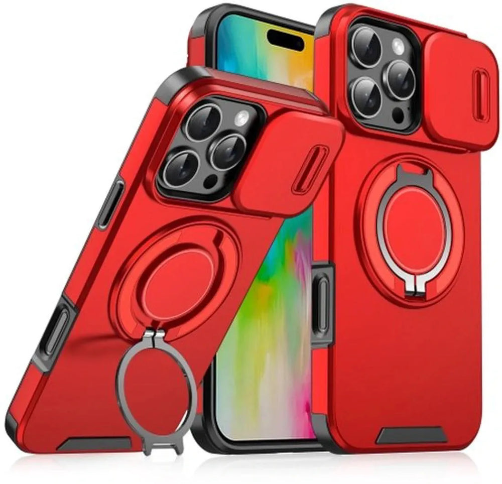 iPhone 16 Pro Max Hoesjes – Backcover – Magnetische Ringhouder – Sliding Lens Camshield – Rood-Ilumina Benelux