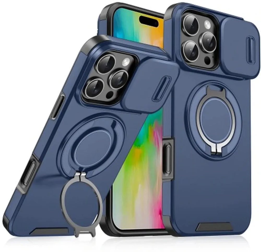 iPhone 16 Pro Max Hoesjes – Backcover – Magnetische Ringhouder – Sliding Lens Camshield – Blauw-Ilumina Benelux