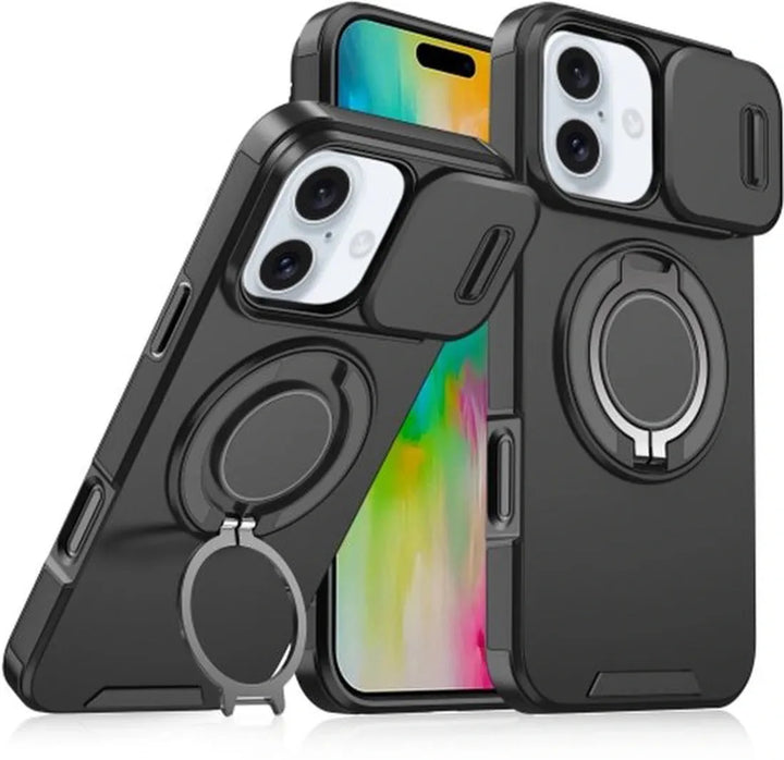 iPhone 16 Hoesjes – Backcover met Magnetische Ringhouder – Sliding Lens Camshield – Zwart-Ilumina Benelux