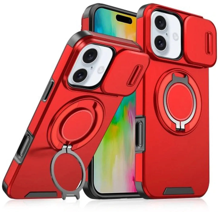 iPhone 16 Hoesjes – Backcover met Magnetische Ringhouder – Sliding Lens Camshield – Rood-Ilumina Benelux