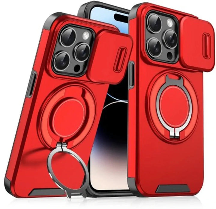 iPhone 14 Pro Max Hoesjes – Backcover met Magnetische Ringhouder – Sliding Lens Camshield – Rood-Ilumina Benelux