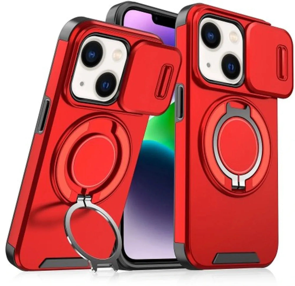 iPhone 14 Hoesjes – Backcover – Magnetische Ringhouder – Sliding Lens Camshield – Rood-Ilumina Benelux