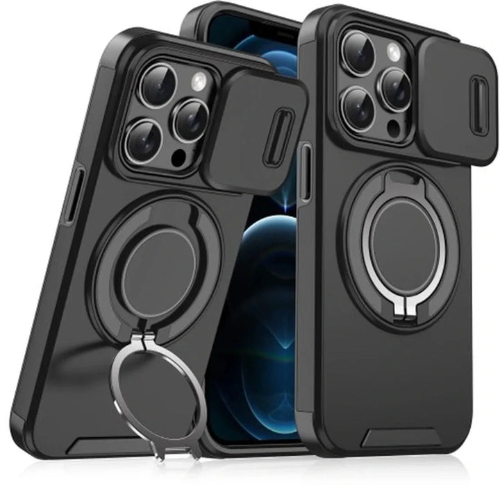 iPhone 12 Pro Max Hoesjes – Backcover met Magnetische Ringhouder – Sliding Lens Camshield – Zwart-Ilumina Benelux
