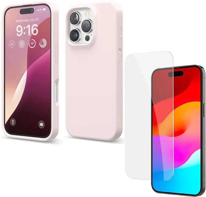 iPhone 16 Pro Hoesjes – Liquid Silicone Backcover – Flexibel TPU Rubber – Inclusief Screenprotector – Lichtroze-Ilumina Benelux