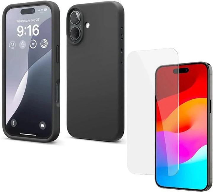 iPhone 16 Hoesjes – Liquid Siliconen Backcover – Flexibel TPU – Inclusief Screenprotector – Zwart-Ilumina Benelux