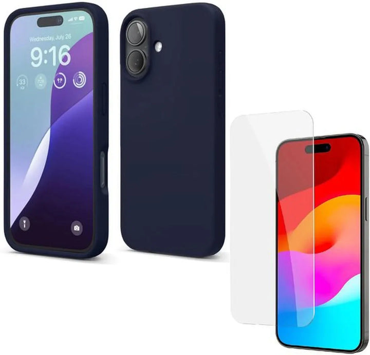 iPhone 16 Plus Hoesjes – Liquid Siliconen Backcover – Flexibel TPU – Inclusief Screenprotector – Navy Blauw-Ilumina Benelux