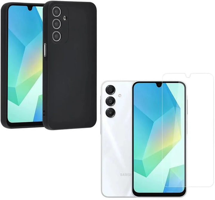 Samsung Galaxy A16 Hoesjes – Siliconen Backcover + 1x Screenprotector – Gehard Glas – Schokbestendig – Zwart-Ilumina Benelux