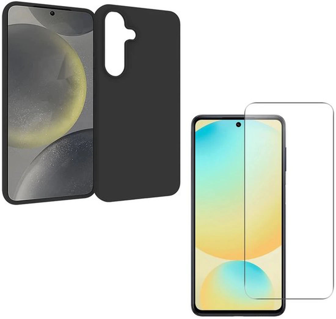 Silicone hoesje Zwart met 1x Screenprotector Glas Geschikt voor: Samsung Galaxy S25
