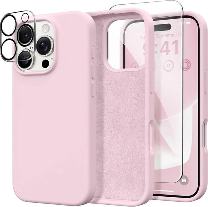 iPhone 16 Pro Hoesjes – Liquid Siliconen Backcover – Screenprotector & Camera Lens Protector – Lichtroze-Ilumina Benelux
