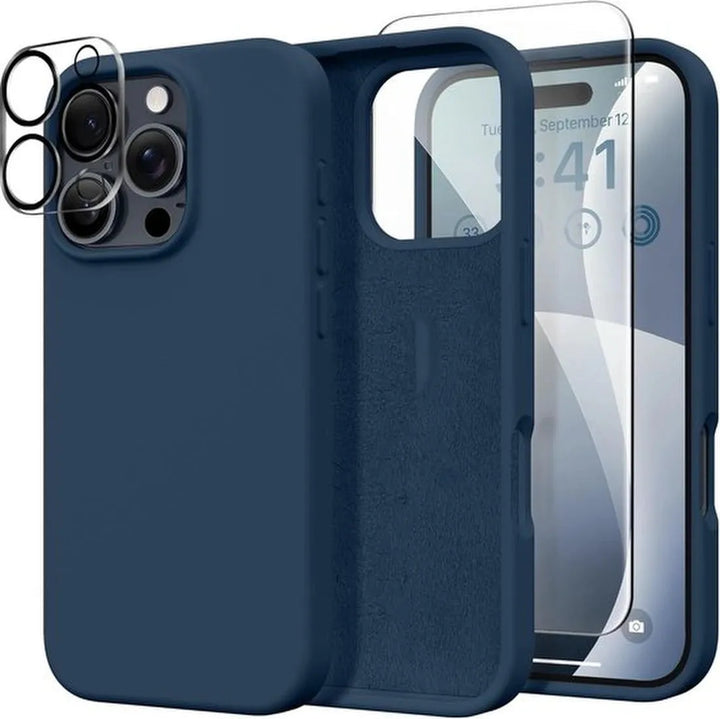 iPhone 16 Pro Max Hoesjes – Liquid Siliconen Backcover + Screenprotector & Camera Lens Protector – Navy Blauw-Ilumina Benelux