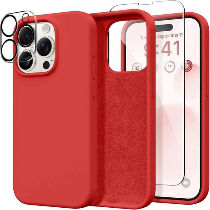 iPhone 16 Pro Hoesjes – Liquid Siliconen Backcover – Screenprotector & Camera Lens Protector – Rood-Ilumina Benelux