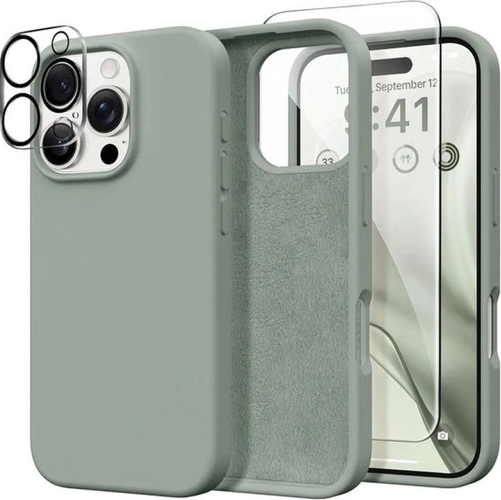 iPhone 16 Pro Max Hoesjes – Liquid Siliconen Backcover – Screenprotector & Camera Lens Protector – Middernachtgroen-Ilumina Benelux