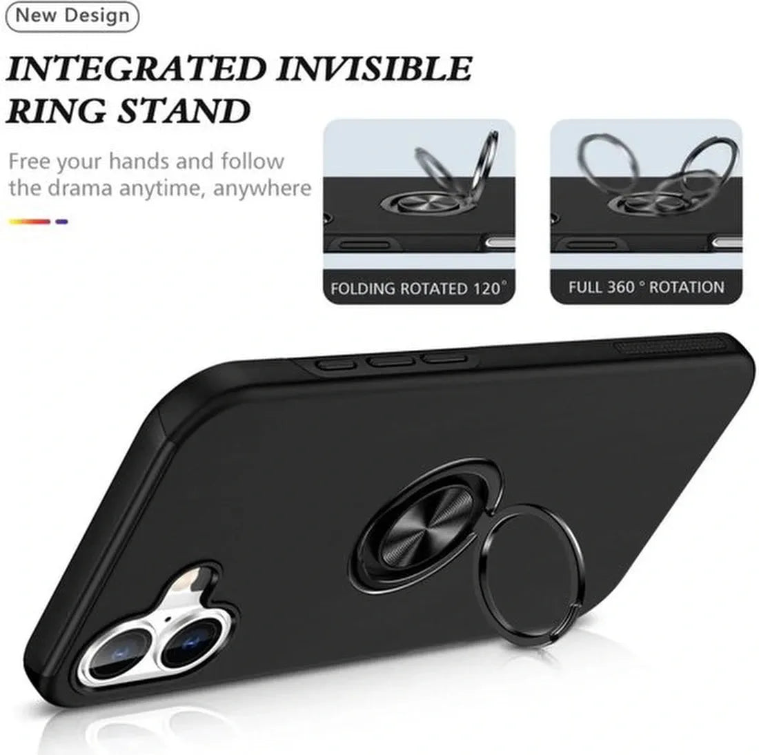 iPhone 16 Hoesjes – Backcover met Vingerring – Magneet – Zwart-Ilumina Benelux