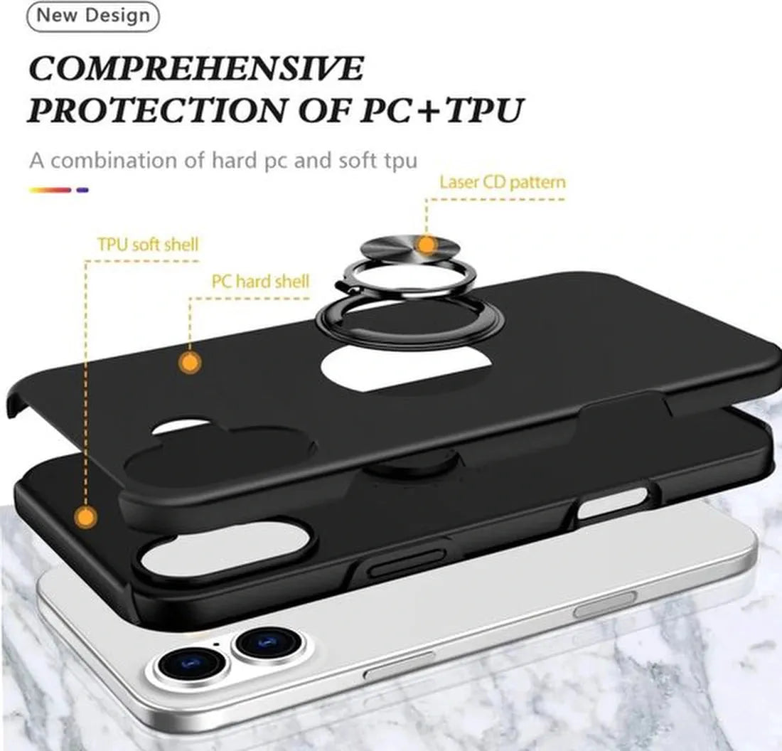 iPhone 16 Hoesjes – Backcover met Vingerring – Magneet – Zwart-Ilumina Benelux