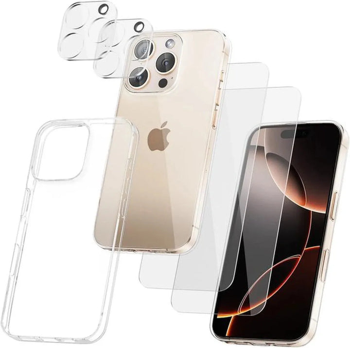 iPhone 16 Pro Max Hoesjes – Transparante Siliconen Backcover – 2x Screenprotector – 2x Camera Lens Protector – 5-in-1 Set-Ilumina Benelux