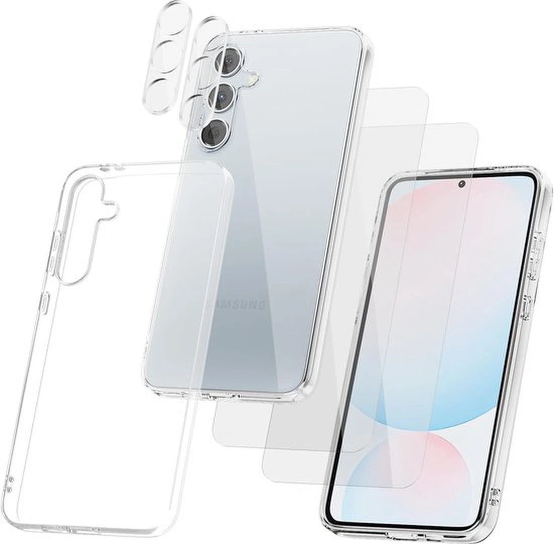 Doorzichtige hoes voor Samsung Galaxy A35 - met 2x screenprotector & 2x lensbeschermer & siliconen