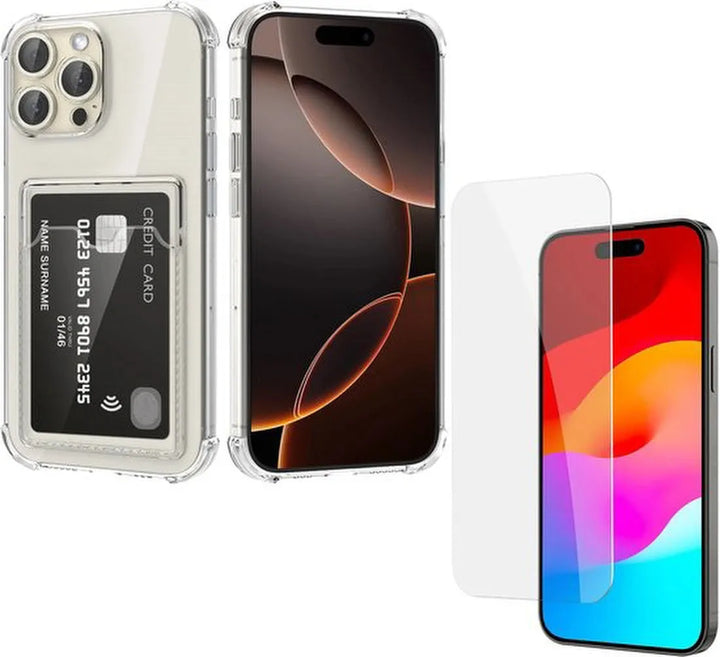 iPhone 16 Pro Max Hoesjes – TPU Backcover – Schokbestendig – Pasjeshouder – Inclusief Screenprotector – Transparant-Ilumina Benelux